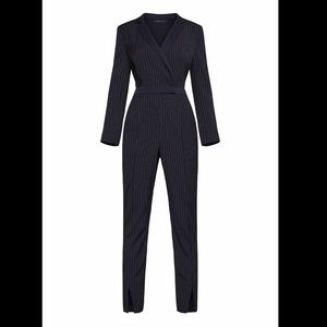 BCBGMAXAZRIA Faux Wrap Pinstripe Jumpsuit L